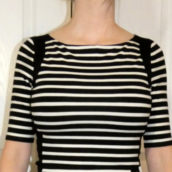 WHBM Top Black White Stripes Fitted Knit Casual or Work Long Womens size XXS - Picture 9 of 13